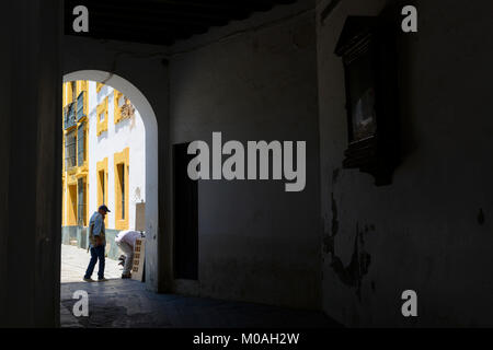 Sevilla, Andalusien, Spanien. Zwei menin die Eröffnung einer Veranda Stockfoto