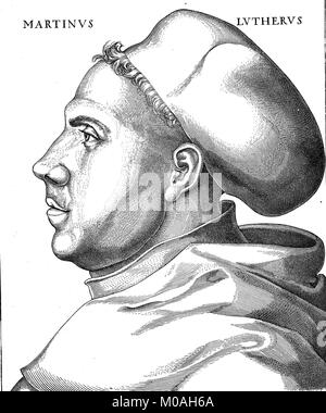 Portrait von Martin Luther im Alter von 38 Jahren in seiner Gewohnheit, 10. November 1483 - vom 18. Februar 1546, war ein deutscher Professor der Theologie, Komponist, Priester und Mönch, und eine zukunftsträchtige Abbildung in der Protestantischen Reformation, nach einem original Kupferstich von Lucas Cranach, digital verbesserte Reproduktion des Originals aus dem Jahr 1880 Stockfoto