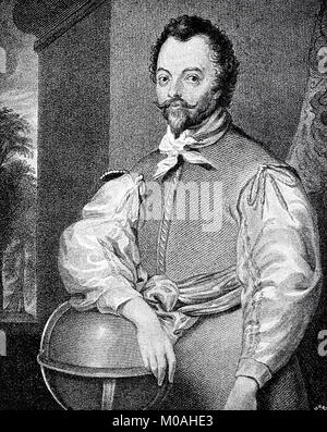 Sir Francis Drake, um 1540 - Januar 28, 1596, war ein englischer Freibeuter und Explorer, später Vice Admiral und der erste englische Weltumsegler, digital verbesserte Reproduktion des Originals aus dem Jahr 1880 Stockfoto