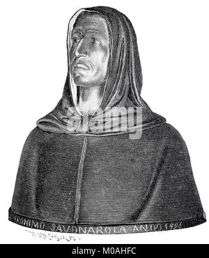 Girolamo Maria Francesco Matteo Savonarola, September 21, 1452 - Mai 23, 1498, war ein italienischer Dominikaner und Prediger der Buße und wurde im Jahre 1498 ausgeführt, die Büste befindet sich in San Marco zu Florenz, digital verbesserte Reproduktion des Originals aus dem Jahr 1880 Stockfoto