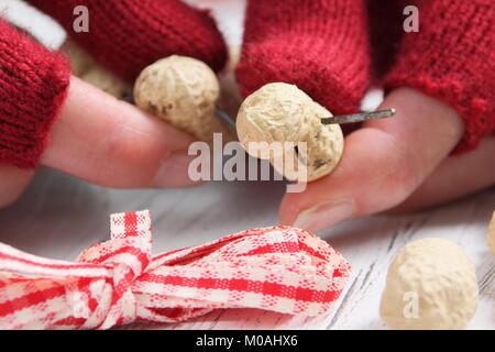 Erstellen einer schnellen, Winter herzförmigen Bird Feeder von Monkey nuts (Schritt-für-Schritt Anleitung). Schritt 1/3: Gewinde monkey Muttern auf Craft Wire altmodisch wie Herzen Stockfoto