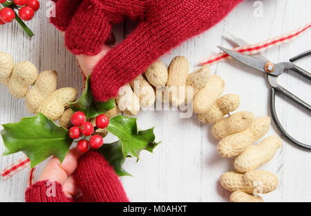 Erstellen einer schnellen, Winter herzförmigen Bird Feeder von Monkey nuts (Schritt-für-Schritt Anleitung). Schritt 2/3: Legen festliche winter Laub und Band oder Garn Stockfoto