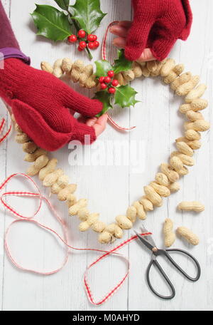 Erstellen einer schnellen, Winter herzförmigen Bird Feeder von Monkey nuts (Schritt-für-Schritt Anleitung). Schritt 2/3: Legen festliche winter Laub und Band oder Garn Stockfoto