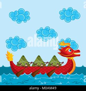 Cartoon happy Reisknödel paddeln rot Drachenboot Stock Vektor