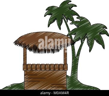 Kiosk aus Holz und Palmblättern am Strand illustration Design Stock Vektor