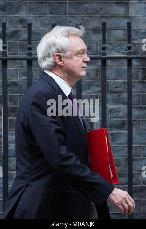 London, Großbritannien. 16. Januar, 2018. David Davis MP, Staatssekretär für die Europäische Union zu verlassen, Blätter 10 Downing Street nach einem Kabinett Beratungen Stockfoto