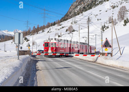 Red Train der Bernina führt über einen Bahnübergang im Winter Reise Stockfoto