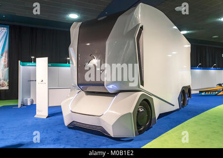 Detroit, Michigan - Die T-Pod, ein Prototyp eines elektrischen fahrerlosen Lkw von der schwedischen Firma Einride, auf Anzeige an der Nord Ame entwickelt werden Stockfoto