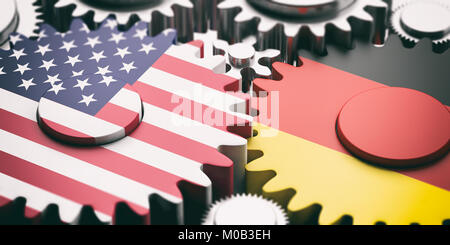 Deutschland und die USA Beziehungen Konzept. Deutschland und USA von Amerika Flaggen auf Metal Gears. 3D-Darstellung Stockfoto