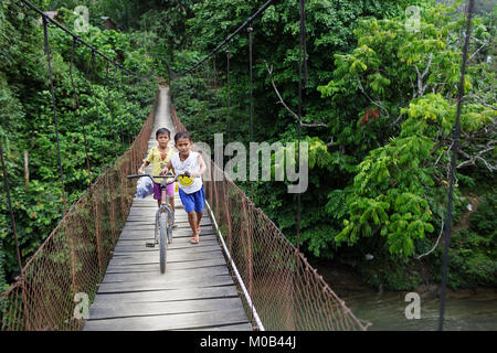 Auf der Hängebrücke in Gunung Leuser National Park von Tangkahan, Sumatra, Indonesien Stockfoto