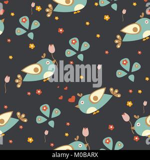Nahtlose Muster mit lustigen Vögel auf dunklem Hintergrund. Vector Illustration Stock Vektor
