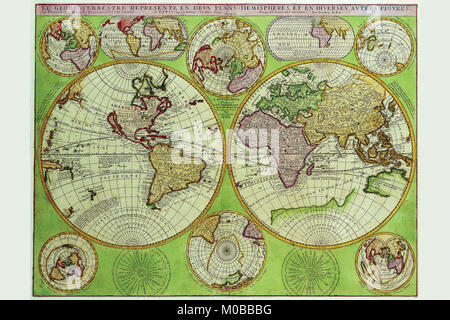 Stereographische Weltkarte mit Einsätze von Polar Projektionen Stockfoto