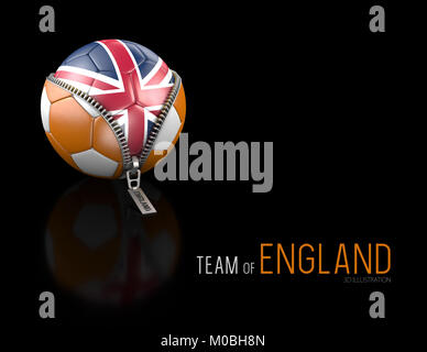 3D-Darstellung der Fußball mit England Flagge auf schwarzem Hintergrund isoliert. Stockfoto