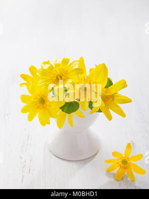 Bündel der frühen Frühling Blumen (Caltha palustris) im Stand für gekochtes Ei auf den weißen Holzbrett. Ostern Dekor. Stockfoto