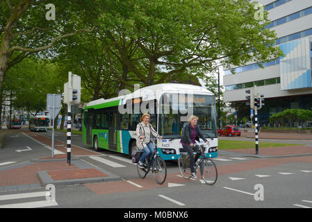 Dordrecht, Niederlande - 23. Juni 2013: Frauen auf dem Fahrrad und mit dem öffentlichen Bus auf dem Stationsweg Straße. Die Universität von Maastricht fordert das Fahrrad eine El Stockfoto