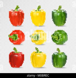 Vektor Einrichten der Farben Gelb Grün und Rot Süße bulgarische Paprika, Paprika isoliert auf transparentem Hintergrund Stock Vektor