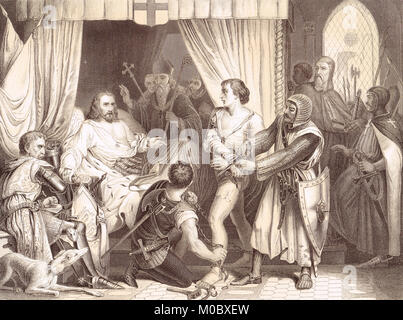 König Richard I., Coeur de Lion verzeihen Bertrand De Gurdun für ein Attentat auf sein Leben, 1199 Stockfoto
