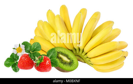 Bananen, Kiwi und Erdbeeren isoliert auf weißem Stockfoto