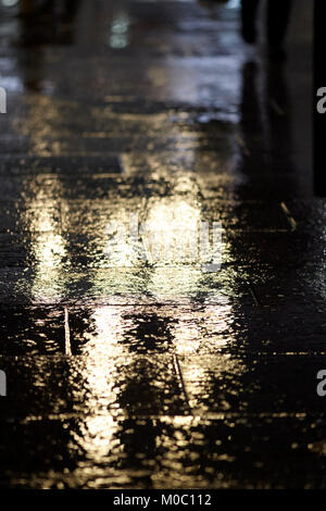 Licht auf nasser Fahrbahn in der städtischen Fußgängerzone Belfast Nordirland UK widerspiegelt Stockfoto