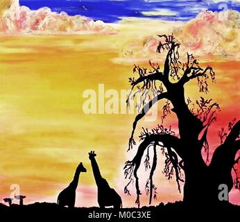 Giraffen Silhouette in der Natur. Kunst Vektor aus der eigenen Malerei. Wildlife Bild von Tieren vor einem stürmischen Himmel bei Sonnenuntergang neben einem Baobab Baum. Stock Vektor