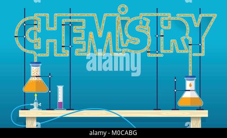 Chemie-Schriftzug. Chemische word Briefe von Glasröhrchen mit orange blubbernden Flüssigkeit zwischen zwei Glaskolben mit blauen Hintergrund gebildet. Vektor Stock Vektor