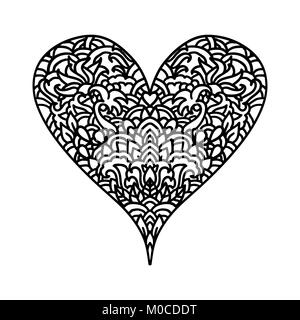 Handdrawn zentangle Herz. Mandala Design für St. Valentinstag Karten. Malbuch Muster. Vector schwarz und weiß doodle Abbildung. Stock Vektor