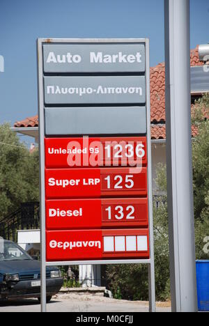 Signage außerhalb eines Avin Tankstelle an Spartohori auf der griechischen Insel Meganissi am 30. August 2008. Stockfoto