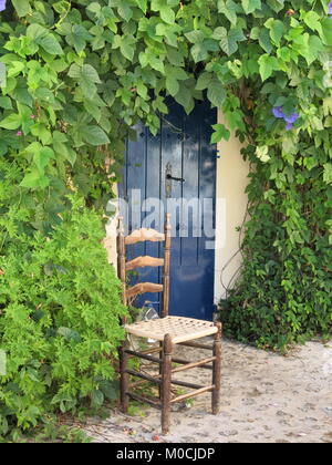 Dunkle Blaue Tür mit Efeu in Ibiza Stadt Stockfoto