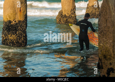 Ein Surfer bereitet unter dem Manhattan Beach Pier für einen frühen Morgen Surf Session in Manhattan Beach, Kalifornien, zu paddeln. (USA) Stockfoto