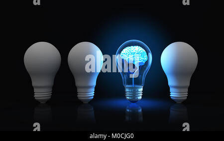 Glühbirne mit glänzenden Gehirn innen. 3D-Darstellung Stockfoto