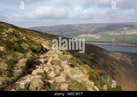 Der Pennine Way an torside Clough, Bleaklow, in die Richtung der Stauseen in der longdendale Tal, Derbyshire, England. Stockfoto