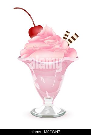 Eis in ein Glas Vase, Vektor-zeichnung, lackiert Dessert. Rosa Früchte creme Mousse in eine transparente Schale mit einem Sahnehäubchen und Waffeln, auf isolierte Stock Vektor