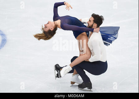 Moskau, Russland. 20 Jan, 2018. Gabriella Papadakis (L) und Guillaume Cizeron Frankreichs führen Sie in Eis tanzen frei Tanz an der ISU-europäischen Eiskunstlauf-WM 2018 in Moskau, Russland, Jan. 20, 2018. Credit: Evgeny Sinitsyn/Xinhua/Alamy leben Nachrichten Stockfoto