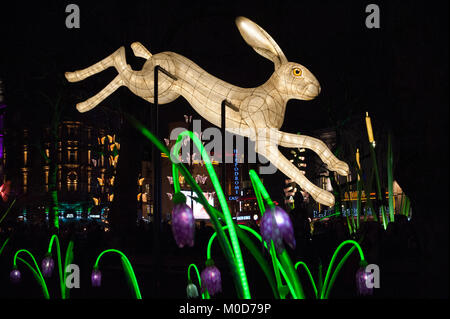 London, Großbritannien. 20 Jan, 2018. Die Laterne Firma Nachtleben Installation der Tiere, Schmetterlinge und Blumen in Leicester Square als Teil der Lumiere London 2018. Die Stadt - große Licht Festival organisiert durch den Bürgermeister von London und Artischocke wird mit bis zu 1,25 Millionen Besucher über seine vier - Tag 18. bis 21. Januar in London, UK laufen zu zeichnen. 20. Januar 2018. Credit: Antony Nessel/Alamy leben Nachrichten Stockfoto