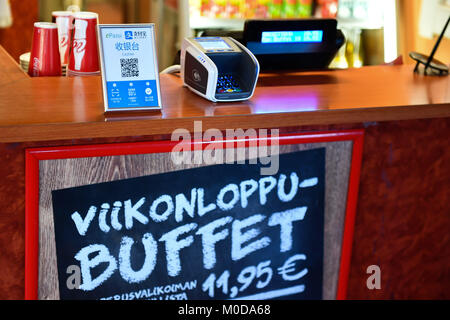 Rovaniemi, Finnland. 19 Jan, 2018. Das Logo von alipay ist in einem Restaurant in Rovaniemi, Finnland, Jan. 19, 2018 gesehen. Credit: Sergei Stepanov/Xinhua/Alamy leben Nachrichten Stockfoto