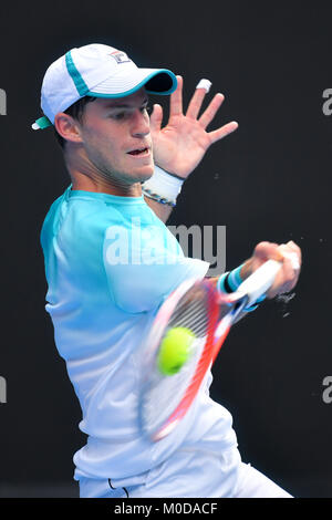 Januar 21, 2018: 24 Samen Diego Schwartzman von Argentinien in Aktion gegen 1. Samen Rafael Nadal von Spanien in eine 4. Runde am Tag sieben der Australian Open 2018 Grand Slam Tennis Turnier in Melbourne, Australien. Sydney Low/Cal Sport Media Credit: Cal Sport Media/Alamy leben Nachrichten Stockfoto