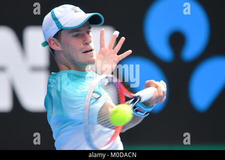 Januar 21, 2018: 24 Samen Diego Schwartzman von Argentinien in Aktion gegen 1. Samen Rafael Nadal von Spanien in eine 4. Runde am Tag sieben der Australian Open 2018 Grand Slam Tennis Turnier in Melbourne, Australien. Sydney Low/Cal Sport Media Credit: Cal Sport Media/Alamy leben Nachrichten Stockfoto