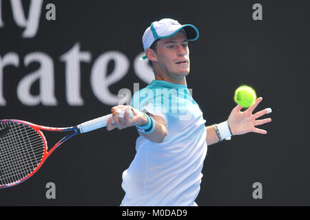 Januar 21, 2018: 24 Samen Diego Schwartzman von Argentinien in Aktion gegen 1. Samen Rafael Nadal von Spanien in eine 4. Runde am Tag sieben der Australian Open 2018 Grand Slam Tennis Turnier in Melbourne, Australien. Sydney Low/Cal Sport Media Credit: Cal Sport Media/Alamy leben Nachrichten Stockfoto