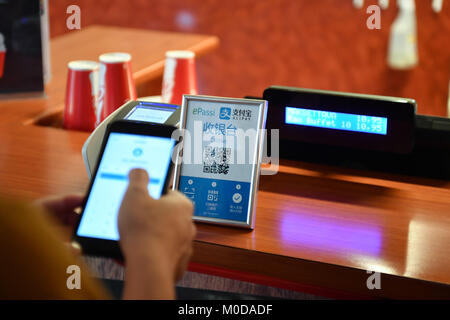 Rovaniemi, Finnland. 19 Jan, 2018. Ein chinesischer Tourist zahlt durch Scannen der QR-Code von alipay in Rovaniemi, Finnland, Jan. 19, 2018. Credit: Sergei Stepanov/Xinhua/Alamy leben Nachrichten Stockfoto