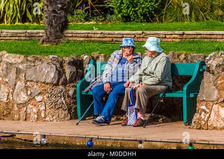 Zwei Frauen Freunde Chat auf einen Garten oder Park Bench. Stockfoto