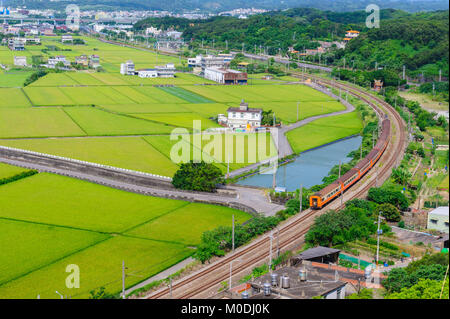 Zug durch grüne Reisfelder Stockfoto