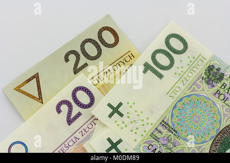 Neue polnische Banknoten 100, 200 und 20 Zloty. Stockfoto