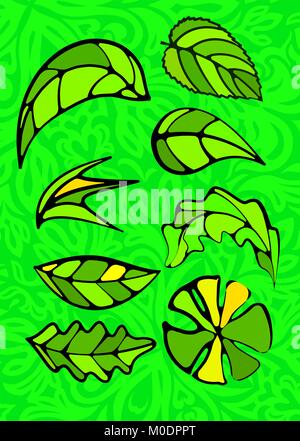 Einstellen der Blätter. Glasmalerei Stil. Stock Vektor