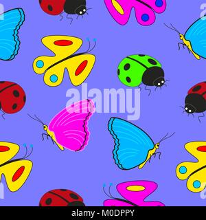 Cartoon nahtlose Muster mit Insekten Schmetterlinge und Marienkäfer. Stock Vektor
