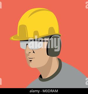 Arbeiter in einer schützenden Helm und Brille Vektor-illustration Flat Style Stock Vektor