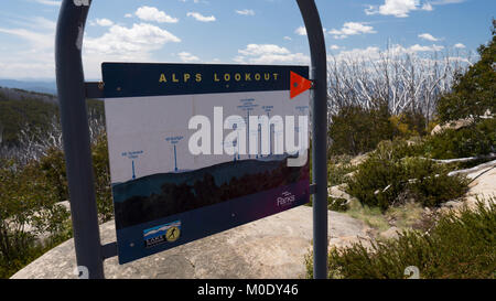 Australischen Alpen und Melbourne Lookout Zeichen oben auf See Mountain Resort hoch in den Australischen Alpen oben Marysville an einem sehr sonnigen Tag. Stockfoto