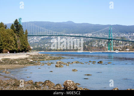 Der Blick auf den Stanley Park, die Lions Gate Bridge über den Hafen von Vancouver (British Columbia). Stockfoto