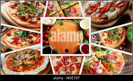 Collage mit verschiedenen Arten von Pizza. Zutaten für Pizza auf Holztisch. Ansicht von oben. Stockfoto