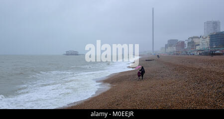 Brighton UK 21. Januar 2018 - die Besucher genießen Sie einen Spaziergang auf der Strandpromenade von Brighton trotz des schweren Regens heute mit einigen Teilen Großbritanniens Prognose mehr Schnee Foto von Simon Dack Credit: Simon Dack/Alamy Leben Nachrichten haben Stockfoto