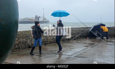 Brighton UK 21. Januar 2018 - Diese jungen Frauen sind entschlossen, sich direkt an der Meeresküste von Brighton zu genießen, trotz des schweren Regens heute mit einigen Teilen Großbritanniens Prognose mehr Schnee Foto von Simon Dack Credit: Simon Dack/Alamy Leben Nachrichten haben Stockfoto